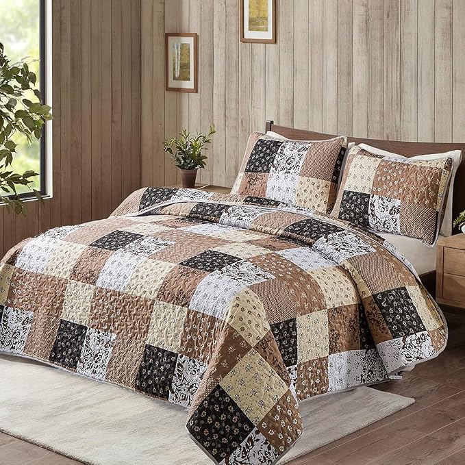 Mybedsoul Brown Quilt Set Full Size, 3 Pieces Plaid Floral Bedspread Set Patchwork Reversible Bedding Set Microfiber Lightweight Bedspread Coverlet Set for All Season 78"x90"