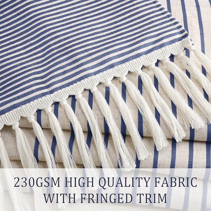 Awellife Blue Farmhouse Shower Curtains for Bathroom,Boho Flax Texture Striped Shower Curtain with Tassels Linen 72x72