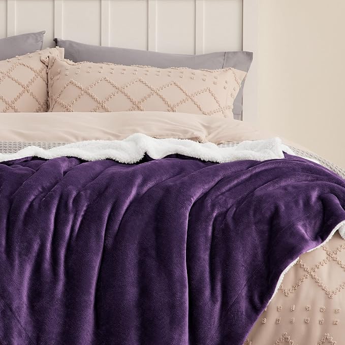 Bedsure GentleSoft Sherpa Fleece Blankets Queen Size for Bed - Thick and Warm Throw for Girls and Women, Soft Fuzzy Plush Queen Blanket for Winter, Purple, 90x90 Inches