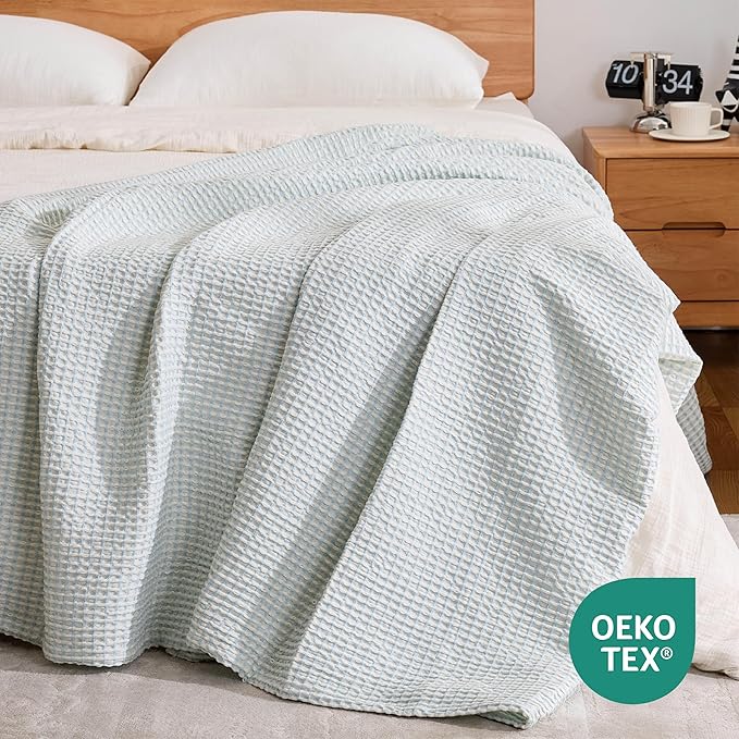 EGOHOME 100% Cotton Waffle Blanket Twin Size for Bed-Breathable and Lightweight,Soft Dual-Tone Textured Jacquard Waffle Weave Blankets for All-Seasons,Angel Falls Blue,60 x 80 Inches