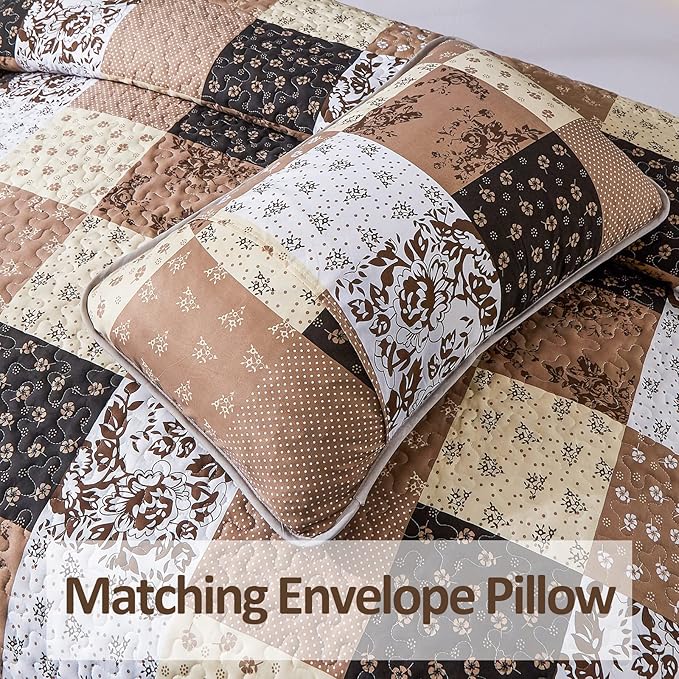 Mybedsoul Brown Patchwork Quilt Set California King Size,3 Pieces Khaki Floral Plaid Reversible Bedspread Coverlet Set for All Season,Summer Soft Microfiber Bedding Set 96"x 106"
