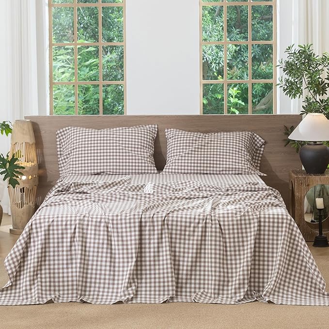MooMee Gingham Sheet Set 100% Washed Cotton Linen Like Textured Breathable Soft w/Fully Elasticized 16-19" Deep Pocket (Classic Gingham Brown, Queen)