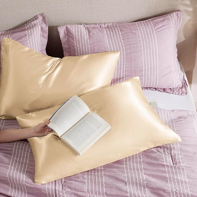 Bedsure Satin Pillowcase with Zipper, Similar to Silk Pillow Cases 2 Pack, Satin Pillow Cases King, Silky & Soft Bedding Pillow Covers for Hair and Skin, Gifts for Women Men, Champagne, 20x36 Inches