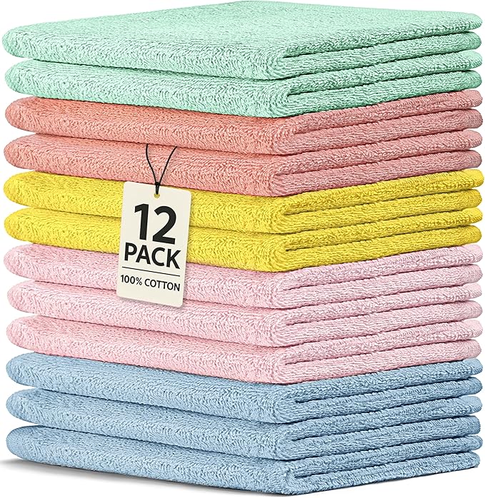 Crystal Ridge Cotton Wash Cloths 12 Pack - Washcloths for Showering, Face and Body, Soft and Highly Absorbent Multipurpose Towels for Bathroom, Kitchen, Spa and Gym - Wash Rags 12 x12 (Pastel)
