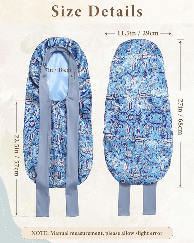 AWAYTR Long Satin Bonnet for Sleeping, Reversible Double Layer Hair Bonnet with Elastic Tie Band (Ethnic Floral Print+Blue)