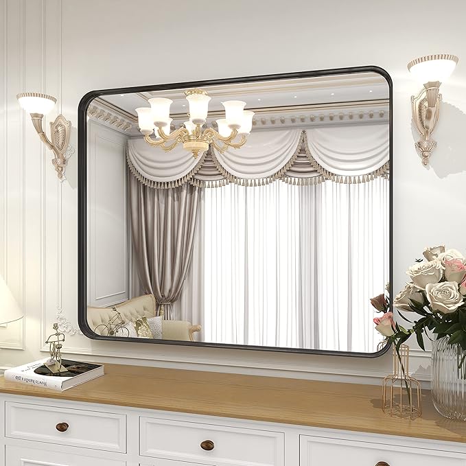 VooBang Bathroom Mirror 30x40 inch, Black Gorgeous Deep Frame Wall Mirror, Modern Round Corner Bathroom Vanity Mirror for Bedroom, Living Room, Hanging or Leaning Horizontal or Vertical, Black