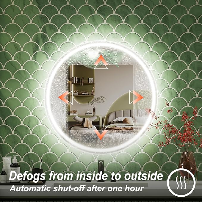 20 Inch Round LED Bathroom Mirror,Front & Backlit Lighted Bathroom Vanity Mirror, 6000K, CRI 90+, Dimmable, Touch, Anti-Fog