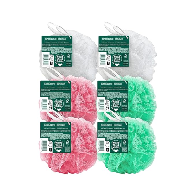 EcoTools Exfoliating EcoPouf, Shower Loofah Scrubs & Cleanses, Pouf with Recycled Netting, Exfoliation Removes Dead Skin, Eco-Friendly Bath Accessory, Cruelty-Free, Color May Vary, 6 Count (60g)