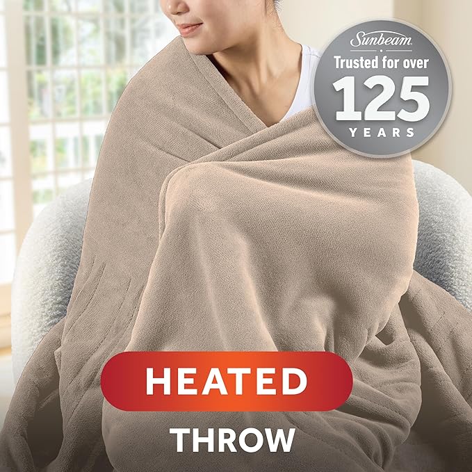 Sunbeam Electric Throw Royal Luxe Microplush Heated Blanket, 4 Heat Settings, 4-Hour Auto Shut-Off, Fast Heating, Warm and Cozy, Peyote Color, 50" x 60"