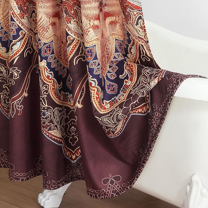 Shower Curtain 72x72 Inches, Water Repellent Fabric with Gold and Brown Baroque Pattern, 12 Metal Grommets and Weighted Hem