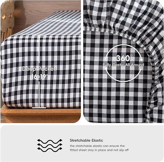 MooMee Gingham Sheet Set 100% Washed Cotton Linen Like Textured Breathable Soft w/Fully Elasticized 16-19" Deep Pocket (Classic Gingham Black White, Queen)