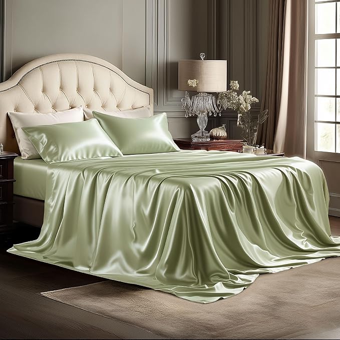 Bedsure Satin Sheets King Size - 4 Piece Silky Bedsheets with Elastic Corner Straps and 15 Inches Deep Pocket Fitted Bedsheet,1 Flat Sheet, 2 Satin Pillowcases, Good for Hair & Skin (King, Sage Green)