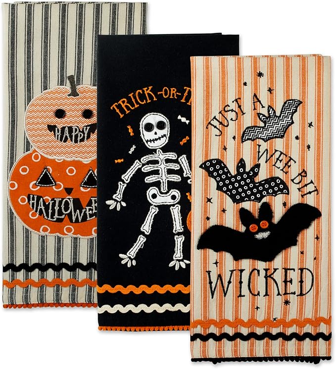 DII Happy Halloween Dishtowel Collection Embellished Cotton Kitchen Hand Towel Set, 18x28, Trick or Treat Skeleton, 3 Count