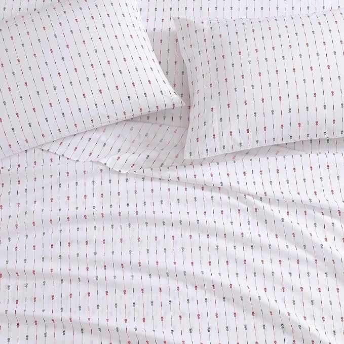 Tommy Bahama - Queen Size Sheet Set, Crisp & Cool Cotton Percale Bedding with a Smooth Lightweight Feel, 4 Piece Holiday Bed Sheets with Matching Pillowcases (Pineapple Pinstripe Red)