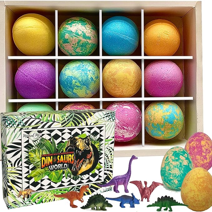 Bath Bombs for Kids with Surprise Inside - 12 Dinosaur Bath Bombs with Toys, Organic Colorful Bubble Bath Fizzies, Dino Egg Bath Bomb w/Rich Bubbles, Stocking Stuffers Christmas Gifts for Kids, Boys