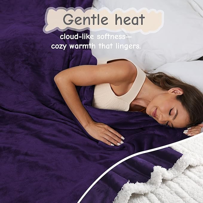 Electric Heated Blanket Queen Size 84"x90", Soft Flannel with Dual Controllers & Overheat Protection, 6 Adjustable Heat Settings & 10-Hour Auto-Off Timer, Fast Heating for Winter Comfort, Dark Purple