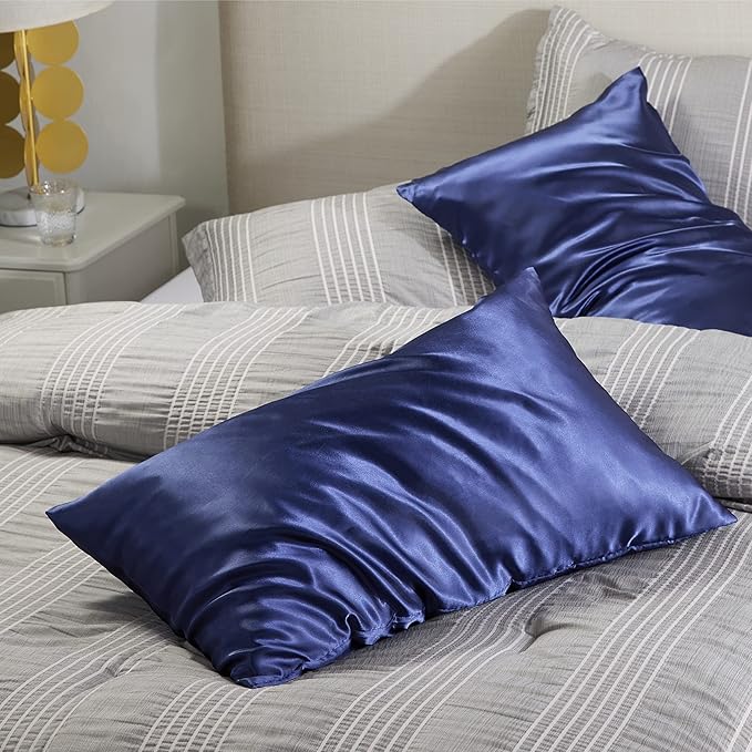 Bedsure Satin Pillowcase with Zipper, Similar to Silk Pillow Cases 2 Pack, Silky & Soft Satin Pillow Cases Standard Size for Hair and Skin, Navy Pillow Covers, Gifts for Women Men, 20x26 Inches