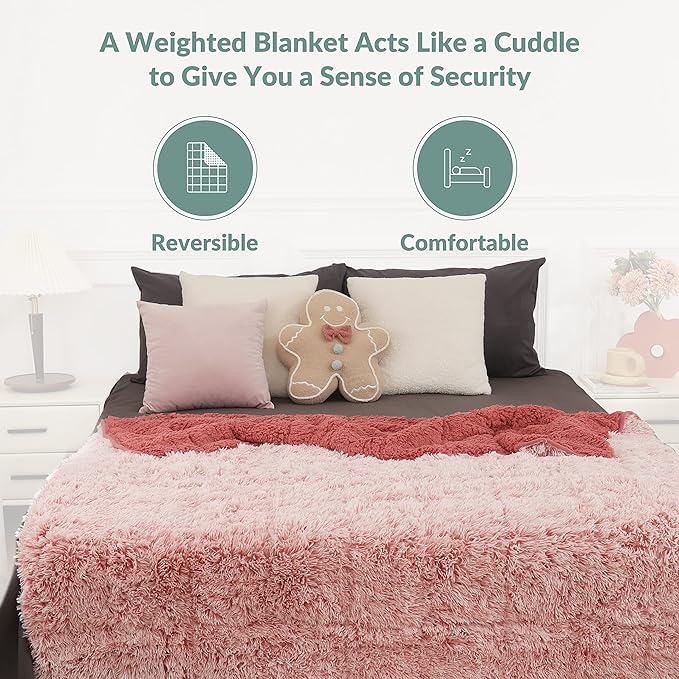 Wemore Shaggy Long Fur Faux Fur Weighted Blanket, Cozy and Plush Sherpa Long Hair Blanket for Adult 15lbs, Fluffy Fuzzy Sherpa Reverse Heavy Blanket for Bed, Couch, Backprint Pink, 60 x 80 Inches