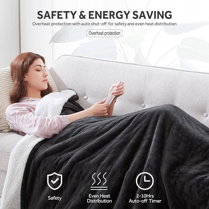 Heated Blanket Electric Blanket Twin Size Soft Flannel Sherpa, 6 Heat Levels Fast Heating, 2 to 10 Hours Auto-Off Detachable Controller Machine Washable, Grey 62"x84"