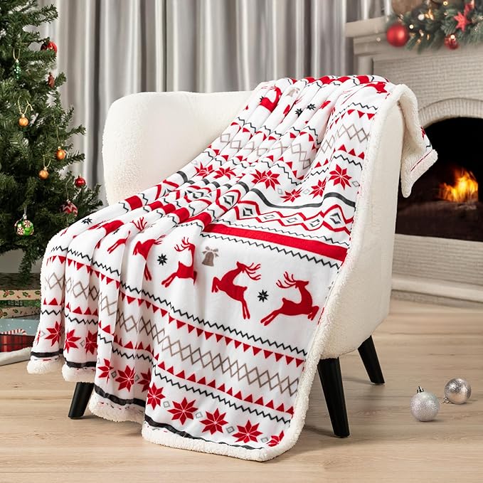 PAVILIA Premium Christmas Sherpa Throw Blanket | Christmas Decoration Gift, Fleece, Plush, Warm, Cozy Reversible Microfiber Holiday Blanket | White Reindeer - 50x60