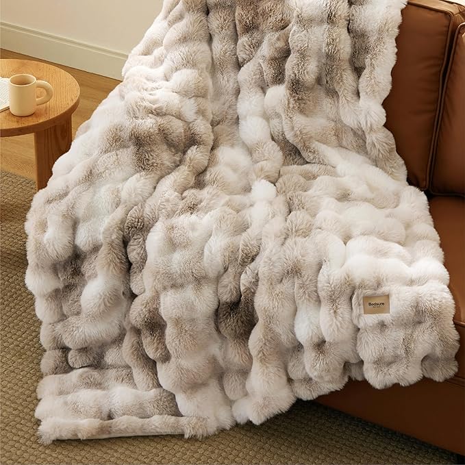 Bedsure GentleSoft Fluffy Faux Fur Blanket Twin Size, Fuzzy Soft Bubble Blanket for Couch, Faux Fur Decor for Home Bedroom Living Room, Thick Furry Cozy Gifts for Women, Tie-dye Taupe, 60x80 Inch