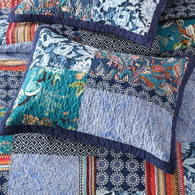 Yvooxny King Quilt Set Reversible Lightweight Bohemian Paisley Patchwork Cotton Quilted Bedspread Coverlet Set 3-Piece Bedding Set with Pillowcases for All Seasons, King Size, 108 * 96 Inches