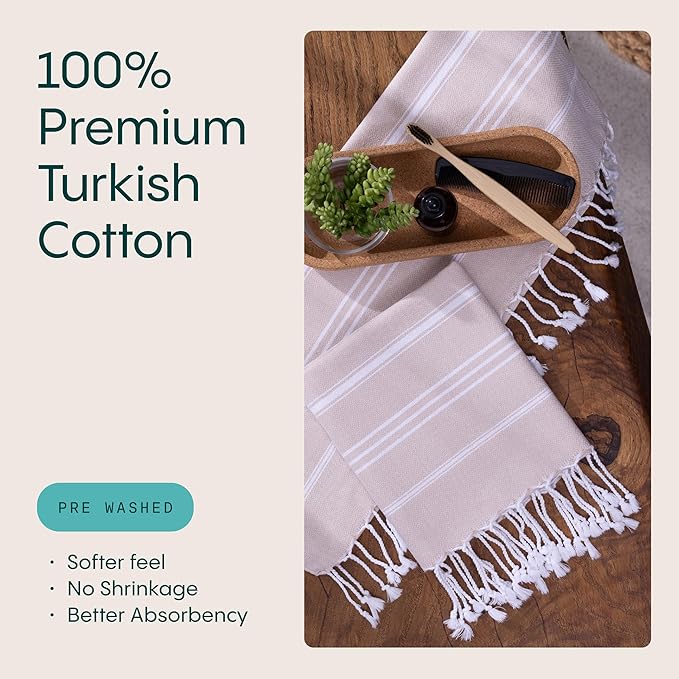 WETCAT Turkish Hand Towels with Hanging Loop, Set of 2 (20" x 30") 100% Turkish Cotton, Pre-Washed, Quick Drying, for Kitchen or Bathroom - Beige