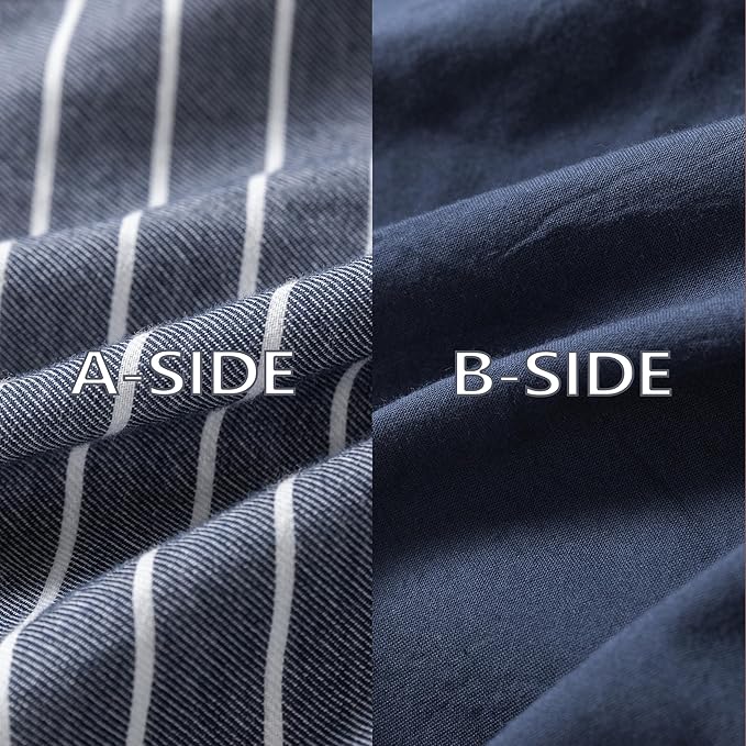 Reversible Duvet Cover Set 100% Washed Cotton Blue Stripe Linen Feel Duvet Cover Queen Size with Zipper Closure & 2 Pillow Shams,Navy/White Stripe Reverse Solid Navy
