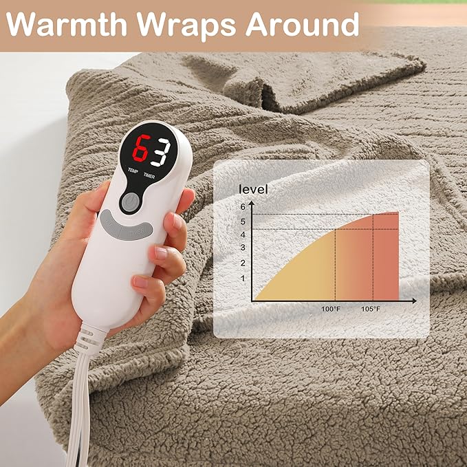 Electric Heated Blanket 6 Heating Settings & 1-10H Auto Off Twin 62×84 Double Sided Plush Sherpa Ultra-Soft Warm Thick, Machine Washable, Fast Heating, Home Office Brown