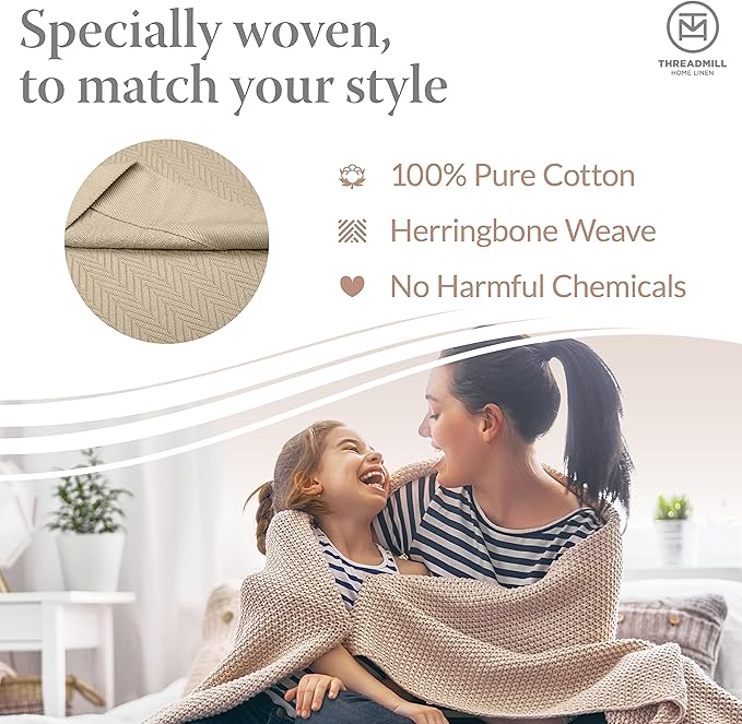 Threadmill Luxury Cotton Blankets for King Size Bed | All-Season Cozy 100% Cotton King Size Blanket | Herringbone Soft Fall Thermal Blanket fits California King Size Bed, 106x92 | Beige