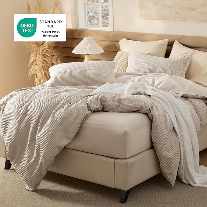 Bedsure 100% Cotton Duvet Cover King Size with Fitted Sheet - 4 Pieces Linen Color Waffle Weave Bedding Set, GentleSoft™ and Breathable, Includes 1 Duvet Cover 104x90, 1 Fitted Sheet, 2 Pillow Shams