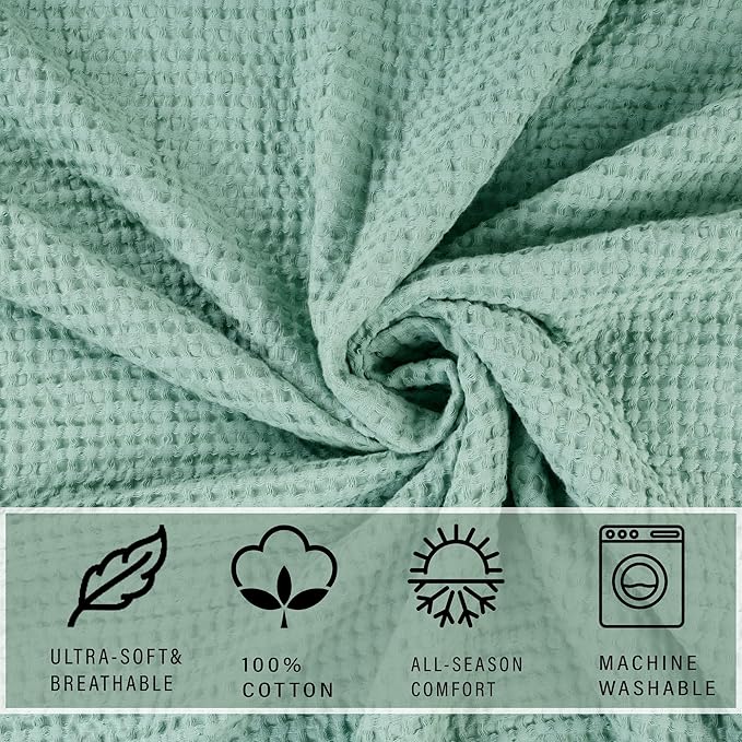 HILLFAIR 100% Combed Cotton Blanket– Twin Size Bed Warm Soft All Season Breathable Lightweight Summer Blankets– Waffle Weave Home Decor Bed Blanket- Sage Twin Cotton Blankets/Bedcovers