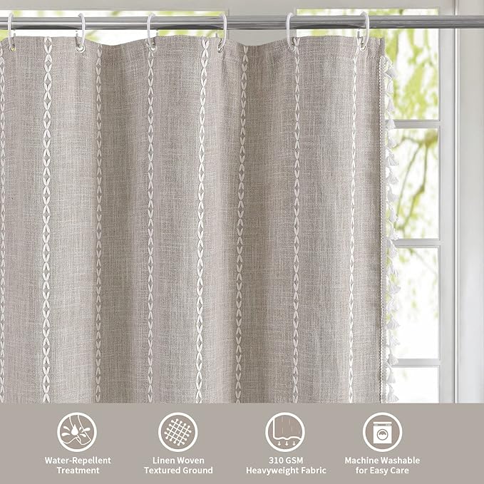 MitoVilla Boho Extra Long Shower Curtain 72 x 96, Taupe Modern Farmhouse 96 inch XL Polyester Linen Texture Tassel Fabric Shower Curtain Set with Hooks for Cottagecore Country Bathroom Decor,Taupe