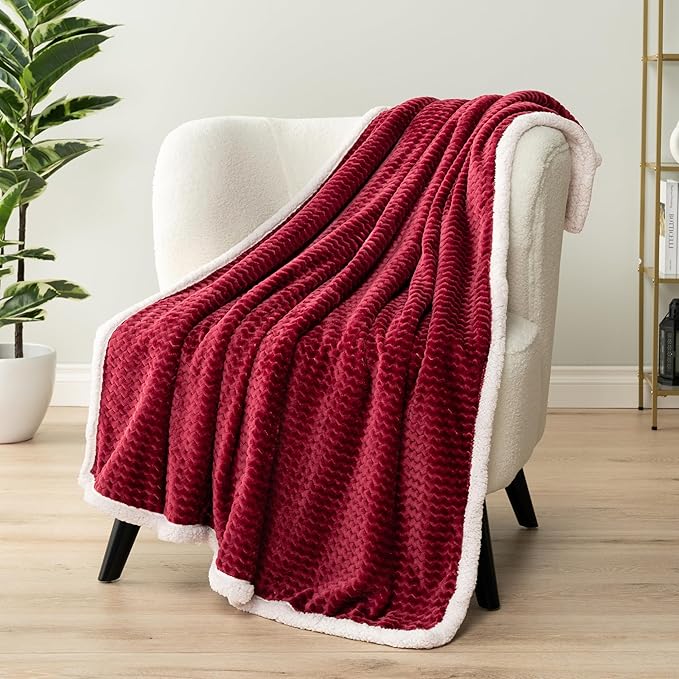 PAVILIA Maroon Red Twin Bed Blanket Reversible Sherpa Chevron, Soft Cozy Jacquard Weave Textured Throw Sofa Couch, Thick Warm Large Fleece Car Blanket, Decorative Plush Home Decor, 60x80 Burgundy Wine