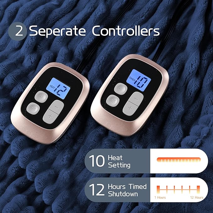 Electric Heated Blanket Queen Size 84x90 Inch - Ultra Soft Silky Flannel with Ribbed Texture, Dual Zone Controllers with 10 Heating Levels and 12 Hours Auto-Off Feature - Navy Blue