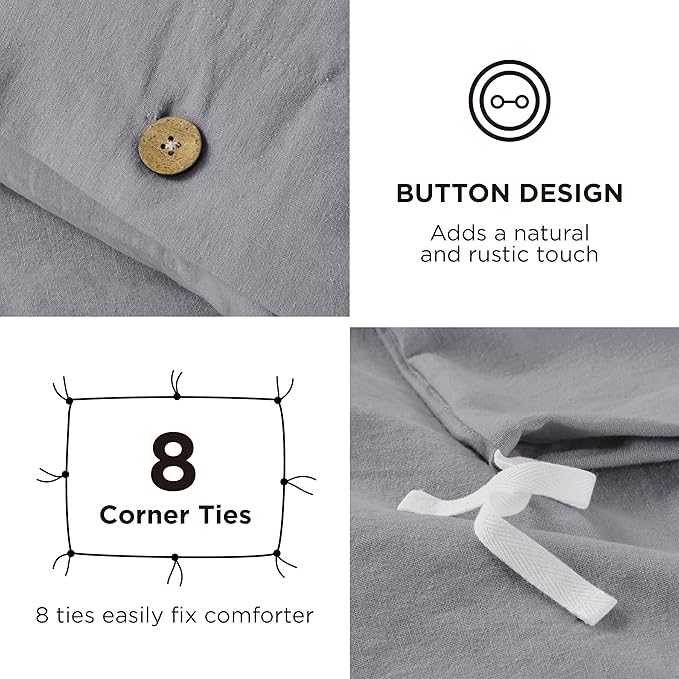 Bedsure Linen Duvet Cover King - Linen Cotton Blend Bedding Set, Soft & Cozy, 3 Pieces, 1 Duvet Cover 104x90 Inches and 2 Pillowcases, Silver Grey Color Cooling Bedding, Comforter Sold Separately