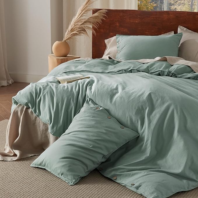 Bedsure Linen Duvet Cover King Size - Linen Cotton Blend Bedding Set, Soft & Cozy, 3 Pieces, 1 Duvet Cover 104x90 and 2 Pillowcases, Sage Green Color Cooling Bedding, Comforter Sold Separately