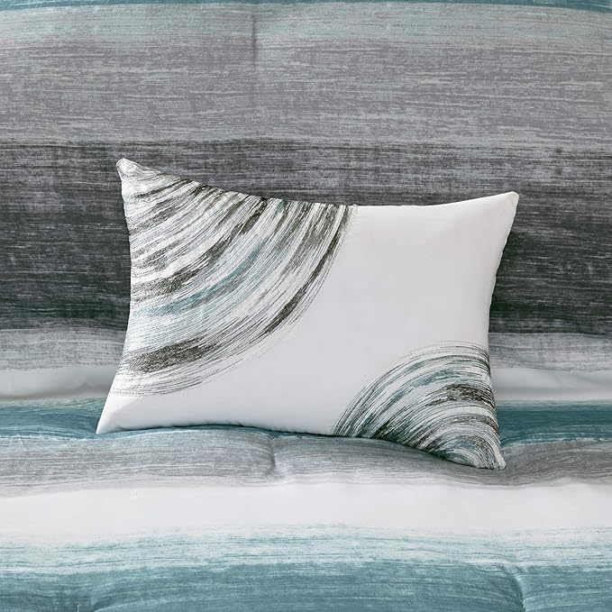 Madison Park Essentials Cal King Comforter Set, Bed in a Bag, Watercolor Print Coastal Comforter & Chambray Cotton Sheet Set, All Season Bedding Set, Saben, Aqua Cal-King (104 in x 92 in) 9 Piece