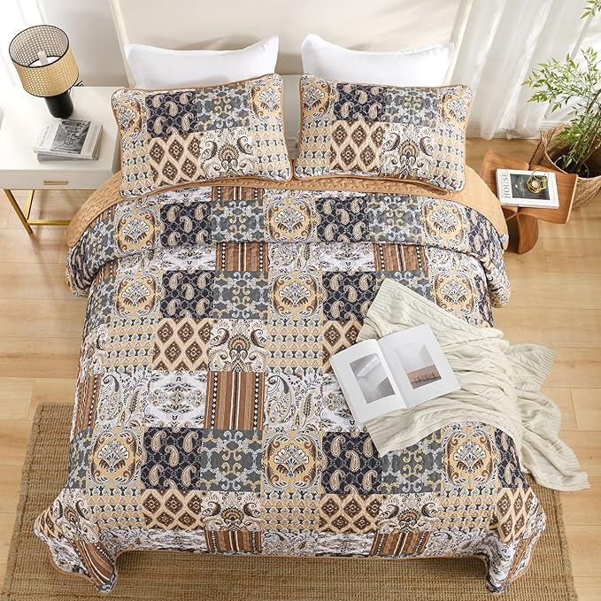 WONGS BEDDING Boho Quilt Set King Size, Dark Brown Plaid Patchwork Bedspread Bedding Set Soft Microfiber Quilt for King Bed Reversible 3 Pieces Coverlet Set for All Season (104"x90")
