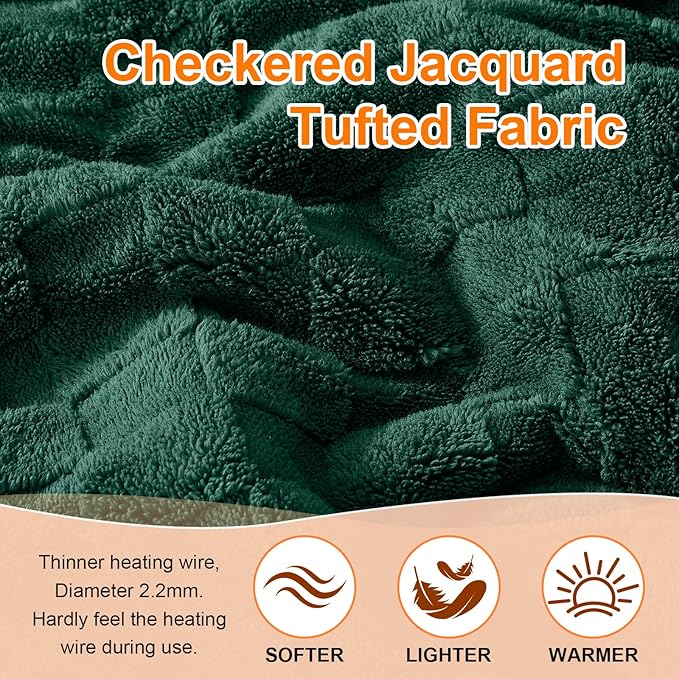 Electric Heated Blanket Twin Size - Jacquard Checkered Sherpa 62"x84" Fast Heating Bed Blankets with 6 Heating Levels & 10 Hours Auto Off, Over-Heat Protection ETL, Dark Green