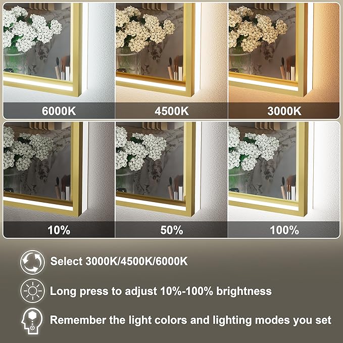 28x36 Inch Gold LED Bathroom Mirror with Front and Back Lights, Adjustable 3000K/4500K/6000K, Wall Mounted Lighted Bathroom Vanity Mirror, Dimmable, Anti-Fog, Horizontal/Vertical