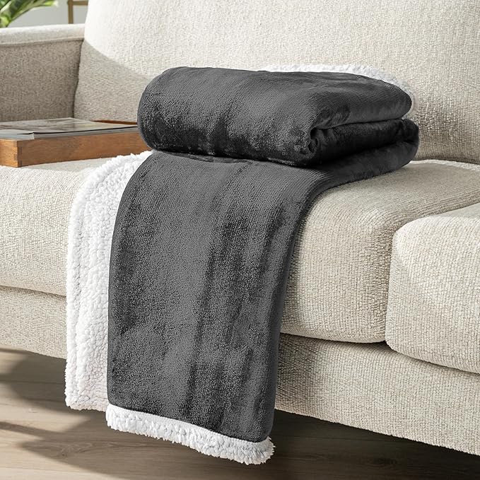 Pavilia Sherpa Fleece Blanket for Bed, Queen Size, Dark Grey, Plush Soft Fuzzy, Cozy Reversible Winter Blanket for Women & Men, 90x90 Inches