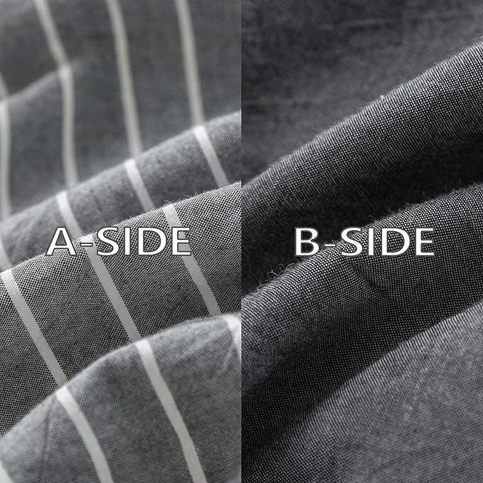 Reversible Duvet Cover Set 100% Washed Cotton Dark Grey Pinstripe Linen Feel Duvet Cover Queen Size with Zipper Closure & 2 Pillow Shams,Dark Grey/White Stripe Reverse Solid Dark Grey