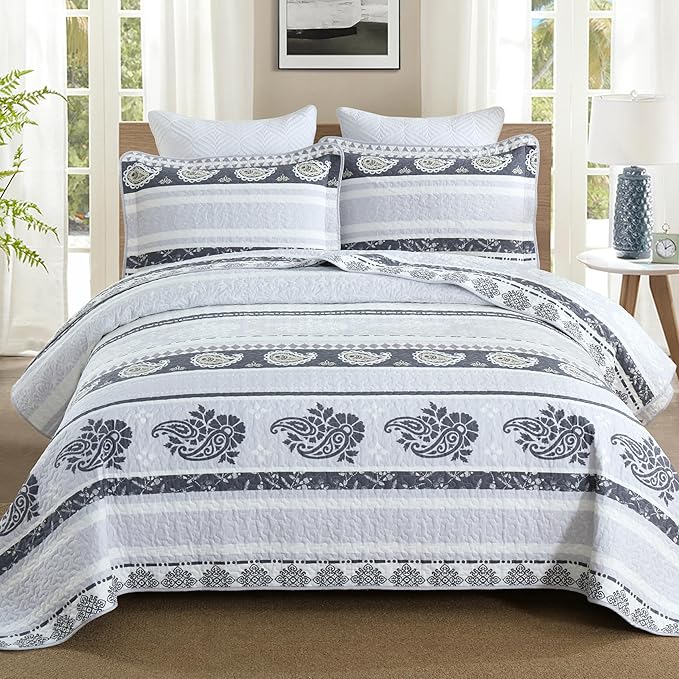 Quilt King Size,Cotton Bedding Set, Purple King Size Comforter, Luxury Striped Bed Set, Reversible Bedspread All Seasons,Lightweight Soft 3 Piece