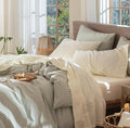MooMee Bedding Sheet Set 100% Washed Cotton Linen Like Textured Breathable Durable Soft Comfy (Solid Cream White, Queen)