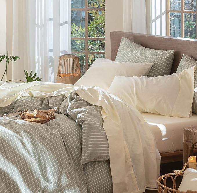 MooMee Bedding Sheet Set 100% Washed Cotton Linen Like Textured Breathable Durable Soft Comfy (Solid Cream White, Twin)