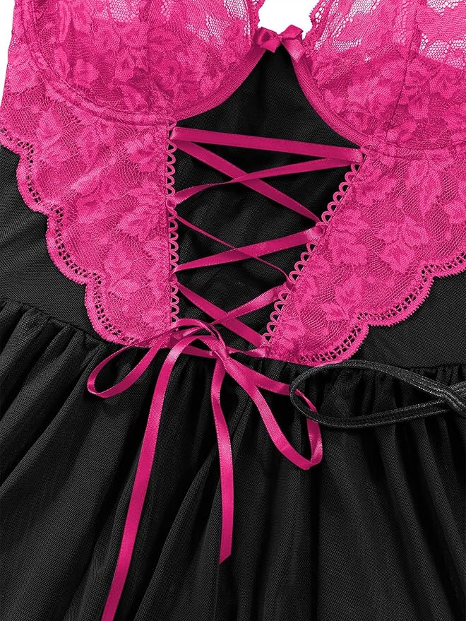 Lilosy Sexy Garter Belt Mesh Lace Babydoll Lingerie Dress Set with Thong