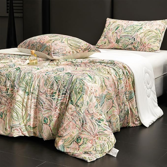 Cyusri Floral Print Cooling Comforter Set 3Pcs Breathable Cool King Size Bedding Set with 2 Pillowcases Green Pink Flowers Pattern Silky Cold Quilt, 108"x90"