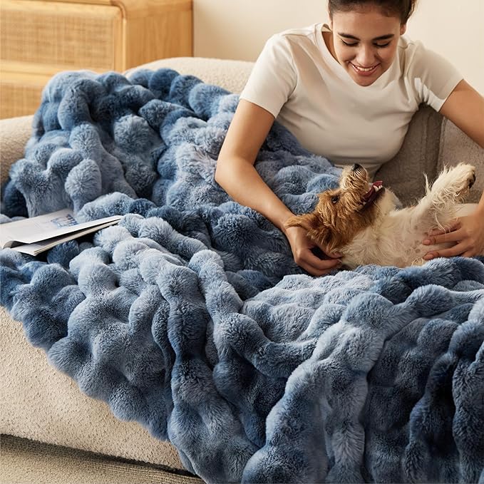 Bedsure GentleSoft Fluffy Faux Fur Blanket Twin Size, Fuzzy Soft Bubble Blanket for Couch, Faux Fur Decor for Home Bedroom Living Room, Thick Furry Cozy Gifts for Women, Tie-dye Blue, 60x80 Inch