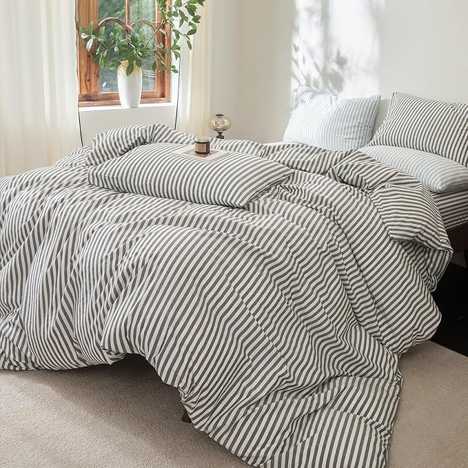 FOSSA Striped Duvet Cover Set 100% Washed Cotton Linen Feel Super Soft Breathable Cozy 3 Pieces Bedding Sets Dark Grey Classic Stripes Queen